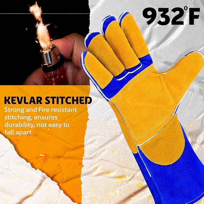 14โ Welding Gloves โ Heavy-Duty Heat & Flame Resistant Cowhide Leather, Kevlar-Stitched, 932โ Protection for MIG, Stick, Forge, Fireplace, BBQ, Wood Stove (๐๐ฅ๐ฎ๐/๐๐๐ฅ๐ฅ๐จ๐ฐ)