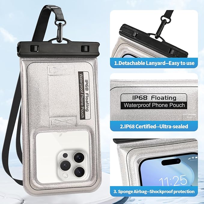 Floating Waterproof Phone Pouch, IPX68 Waterproof Phone Case with Lanyard for iPhone 16 15 14 13 Pro Max Samsung S25 S24 S23 S22, Up to 7", Beach Vacation Essentials, Glitter Silver