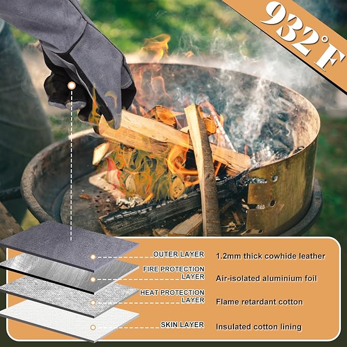 16" Leather Forge Welding Gloves, 932℉ Heat/Fire Resistant, Multi-Use Mitts for TIG/MIG Welding, BBQ, Oven, Baking, Furnace, Beekeeping, Animal Handling & Stove Safety,Ambidextrous