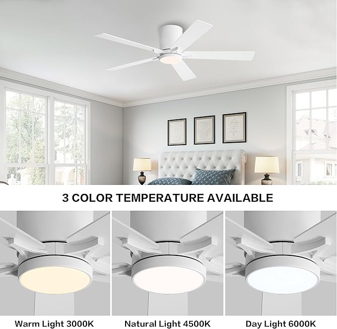 WINGBO 52" DC Flush Mount Ceiling Fan with Lights, 6-Speed Reversible DC Motor, 3CCT, Low Profile Hugger Ceiling Fan for Living Room Bedroom Kitchen, White Finish and White/Oak Blades
