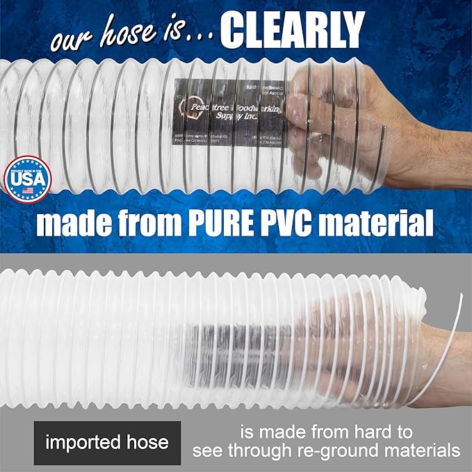 PVC Dust Collection Hose w/4 Thumbscrew Clamps, Puncture Resistant, Carbon Steel Wire, Clear Flexible PVC Dust Collector Hose, Proudly Made in USA (6" x 10')