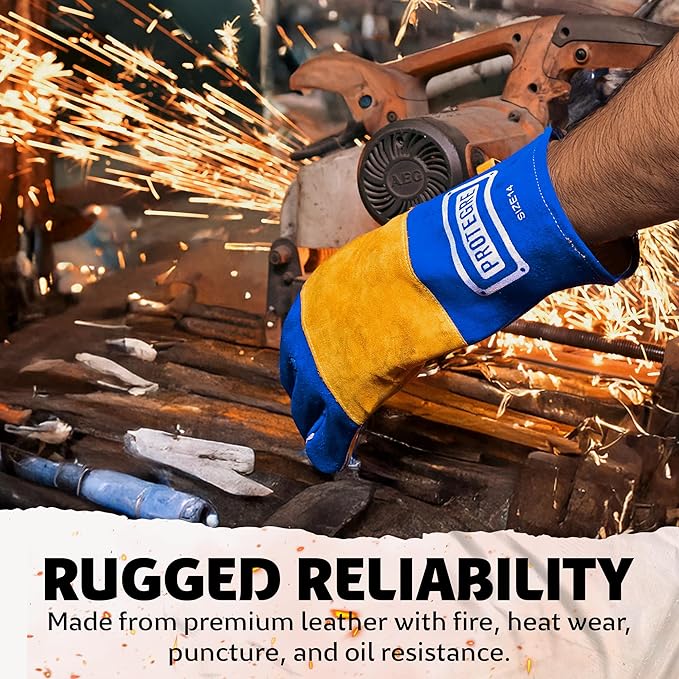 14โ Welding Gloves โ Heavy-Duty Heat & Flame Resistant Cowhide Leather, Kevlar-Stitched, 932โ Protection for MIG, Stick, Forge, Fireplace, BBQ, Wood Stove (๐๐ฅ๐ฎ๐/๐๐๐ฅ๐ฅ๐จ๐ฐ)