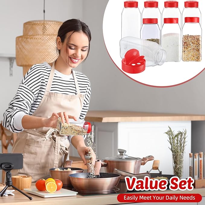 Mifoci 28 Pack 16 oz Plastic Spice Jars with Cap Square Plastic Bottle Containers with Shaker Lids and Stickers Large Seasoning Shaker Empty Powder Storage Container for Storing Salt Herbs (Red)