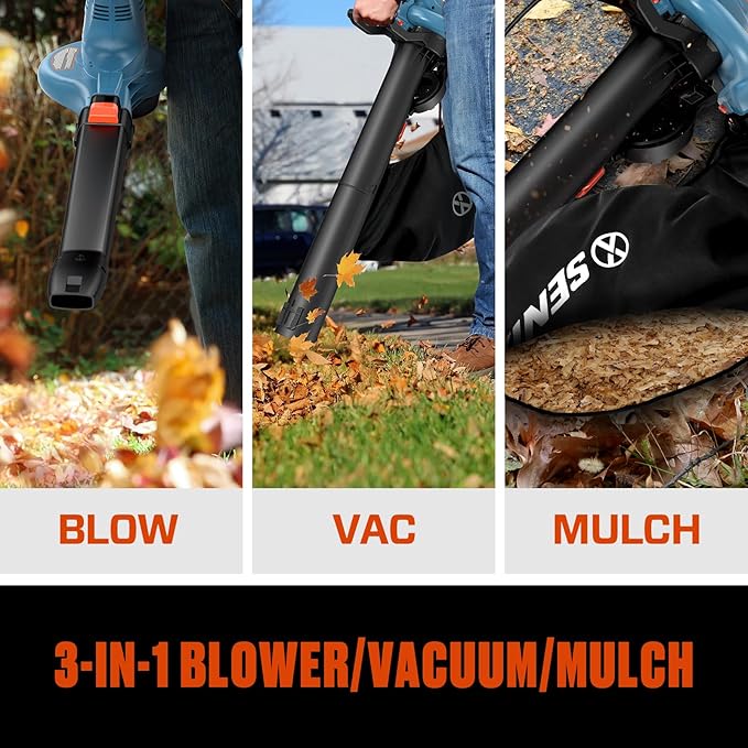 SENIX 12 AMP Leaf Blower, 3-in-1 Handheld Electric Leaf Blower, Vacuum, and Mulcher, 420 CFM, 179 MPH Airflow,Corded Blowers with Reusable Collection Bag (BLVE12-M)