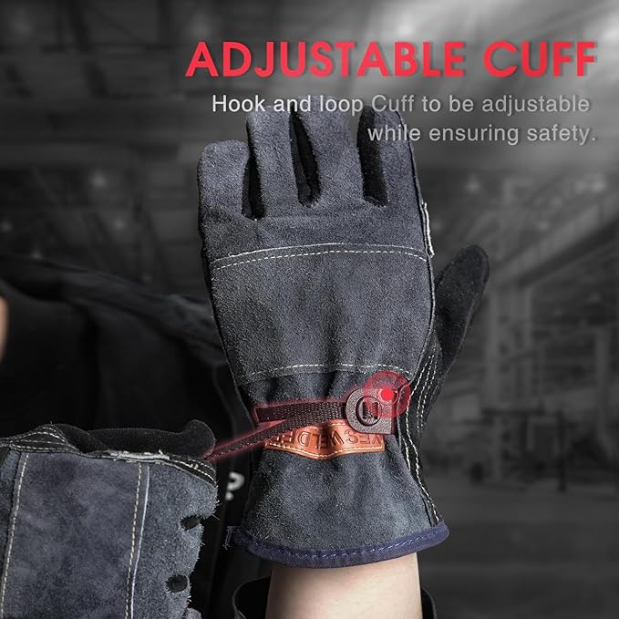 YESWELDER Leather Work Gloves for Men or Women,Suitable for welding | gardening |construction etc. Cowhide leather with cotton lining, wrist closure, grippy and durable.Reinforced palm,Black-gray L