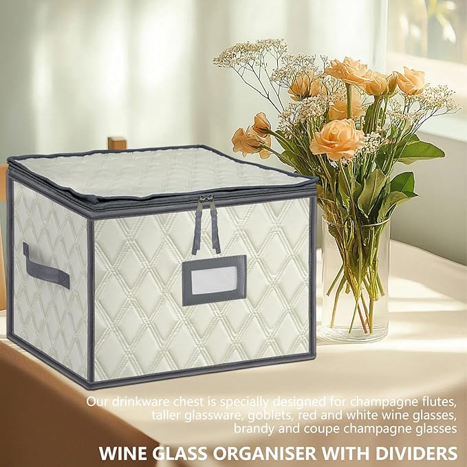 VERONLY Christmas Stemware Storage Cases with Dividers- Holds 12 Wine Glass Storage or Crystal Glassware Containers, China Storage Containers with 2 Handles and Label Window -Set of 1 Beige