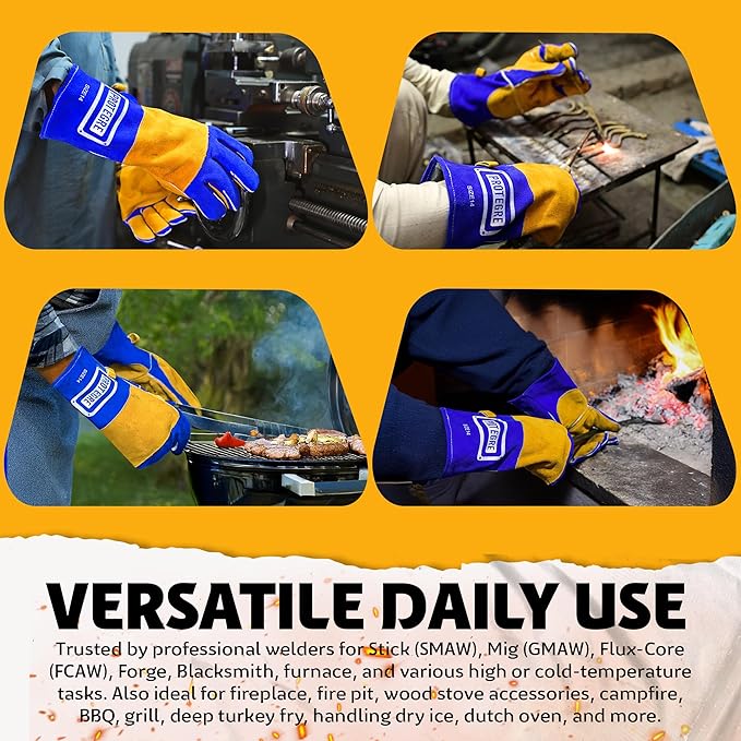14โ Welding Gloves โ Heavy-Duty Heat & Flame Resistant Cowhide Leather, Kevlar-Stitched, 932โ Protection for MIG, Stick, Forge, Fireplace, BBQ, Wood Stove (๐๐ฅ๐ฎ๐/๐๐๐ฅ๐ฅ๐จ๐ฐ)