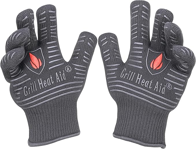 GRILL HEAT AID BBQ Grill Gloves Heat Proof for Grilling โ Fireproof 1472ยฐF Heat-Resistant Grill Mitts for Outdoor Barbecue and Smoker, Campfire, Fire Pit, Oven Glove with Fingers for Baking Pizza