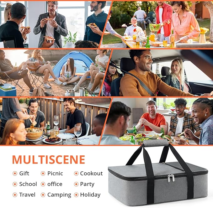 Insulated Casserole Carrier for Hot or Cold Food,Pie Carrier Bag Lunch Tote for Potluck Parties/Picnic/Cookouts, Fits 9"x13" Baking Dish,Single Grey