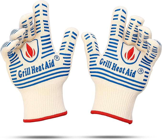 GRILL HEAT AID BBQ Grill Gloves Heat Proof for Grilling โ Fireproof 1472ยฐF Heat-Resistant Grill Mitts for Outdoor Barbecue and Smoker, Campfire, Fire Pit, Oven Glove with Fingers for Baking Pizza