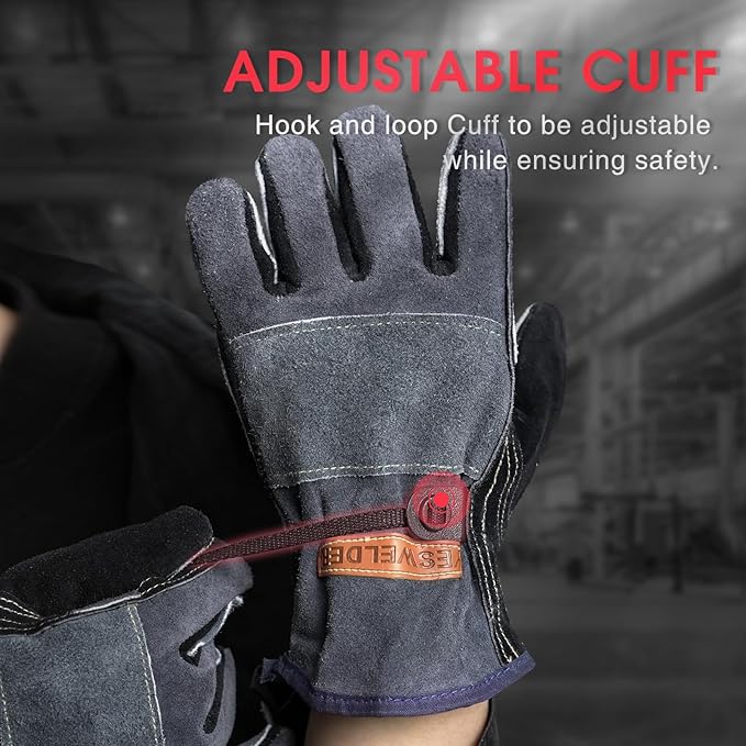 YESWELDER Leather Work Gloves for Men or Women,Suitable for welding & gardening etc. Cowhide leather with cotton lining, wrist closure, grippy and durable.Reinforced palm and finger,Black-gray L