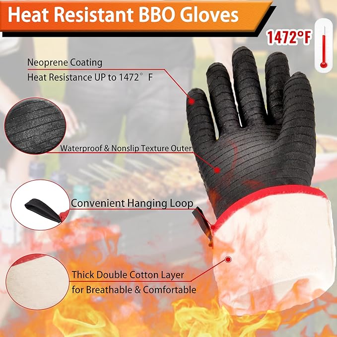 BBQ Gloves - 1472ยฐF Thicken Heat Resistant Gloves w/S-Hook 14 in Kitchen Oven Mitts Waterproof Grill Gloves Oil Resistant Grilling Gloves Cooking Gloves for Turkey Fryer/Baking/Oven/Smoker