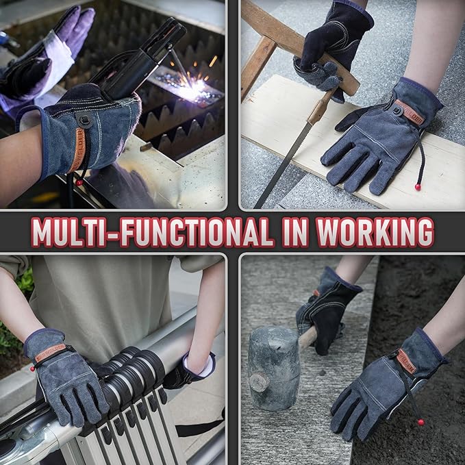 YESWELDER Leather Work Gloves for Men or Women,Suitable for welding | gardening |construction etc. Cowhide leather with cotton lining, wrist closure, grippy and durable.Reinforced palm,Black-gray L