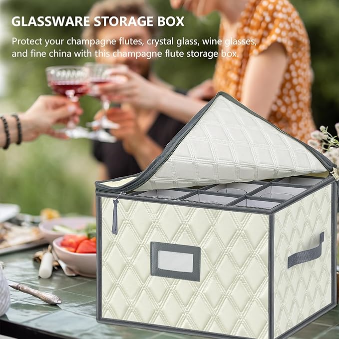 VERONLY Christmas Stemware Storage Cases with Dividers- Holds 12 Wine Glass Storage or Crystal Glassware Containers, China Storage Containers with 2 Handles and Label Window -Set of 1 Beige