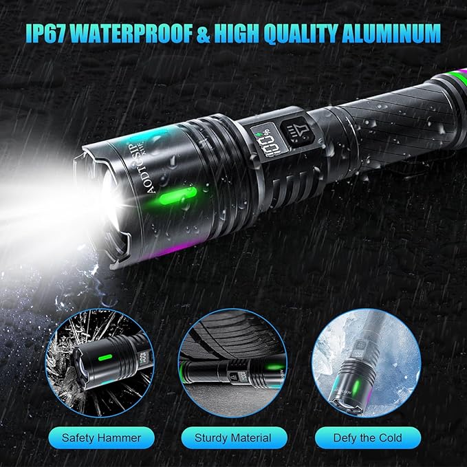 Flashlights High Lumens Rechargeable, 2000LM Super Bright Flash Light, 3 Modes Zoomable,LCD Digital Display,USB Charging, Powerful Handheld LED Flashlights Waterproof for Emergencies Camping