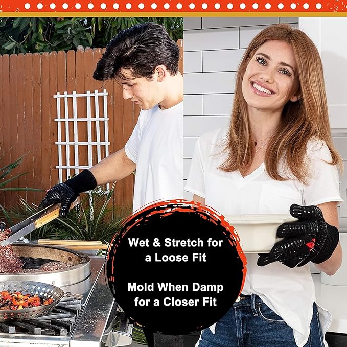 GRILL HEAT AID BBQ Grill Gloves Heat Proof for Grilling โ Fireproof 1472ยฐF Heat-Resistant Grill Mitts for Outdoor Barbecue and Smoker, Campfire, Fire Pit, Oven Glove with Fingers for Baking Pizza