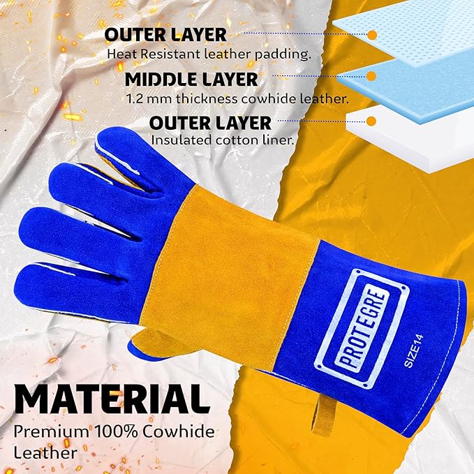 14โ Welding Gloves โ Heavy-Duty Heat & Flame Resistant Cowhide Leather, Kevlar-Stitched, 932โ Protection for MIG, Stick, Forge, Fireplace, BBQ, Wood Stove (๐๐ฅ๐ฎ๐/๐๐๐ฅ๐ฅ๐จ๐ฐ)