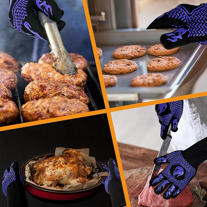 BBQ Fireproof Gloves, Grill Cut-Resistant Gloves 1472°F Heat Resistant Gloves, Non-Slip Silicone Oven Gloves, Kitchen Safe Cooking Gloves for Oven Mitts,Barbecue,Cooking, Frying, Blue(2 Pairs)