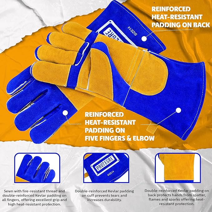 14โ Welding Gloves โ Heavy-Duty Heat & Flame Resistant Cowhide Leather, Kevlar-Stitched, 932โ Protection for MIG, Stick, Forge, Fireplace, BBQ, Wood Stove (๐๐ฅ๐ฎ๐/๐๐๐ฅ๐ฅ๐จ๐ฐ)