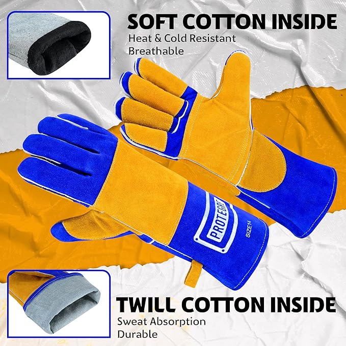14โ Welding Gloves โ Heavy-Duty Heat & Flame Resistant Cowhide Leather, Kevlar-Stitched, 932โ Protection for MIG, Stick, Forge, Fireplace, BBQ, Wood Stove (๐๐ฅ๐ฎ๐/๐๐๐ฅ๐ฅ๐จ๐ฐ)