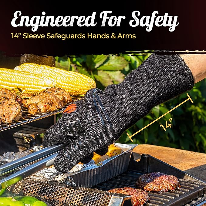 GRILL HEAT AID BBQ Grill Gloves Heat Proof for Grilling โ Fireproof 1472ยฐF Heat-Resistant Grill Mitts for Outdoor Barbecue and Smoker, Campfire, Fire Pit, Oven Glove with Fingers for Baking Pizza