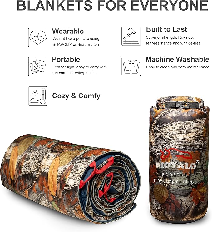 ECOSILK Outdoor Blanket Waterproof | XL Puffy Camping Blanket for Hiking Backpacking | Lightweight Packable Travel Cars Blanket w. Stuff Sack for Picnic Festival |55 X 79 in| Forest Camoโฆ