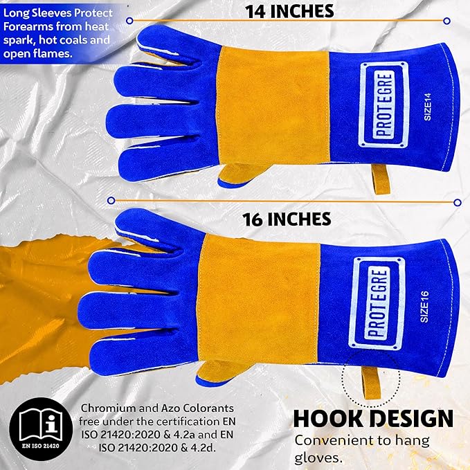 16โ Welding Gloves โ Heavy-Duty Heat & Flame Resistant Cowhide Leather, Kevlar-Stitched, 932โ Protection for MIG, Stick, Forge, Fireplace, BBQ, Wood Stove (๐๐ฅ๐ฎ๐/๐๐๐ฅ๐ฅ๐จ๐ฐ)