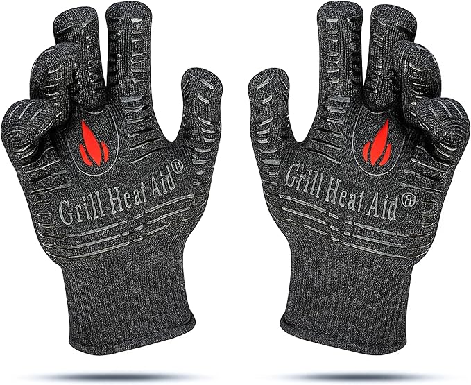 GRILL HEAT AID BBQ Grill Gloves Heat Proof for Grilling โ Fireproof 1472ยฐF Heat-Resistant Grill Mitts for Outdoor Barbecue and Smoker, Campfire, Fire Pit, Oven Glove with Fingers for Baking Pizza