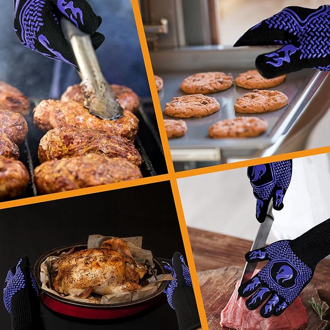 BBQ Fireproof Gloves, Grill Cut-Resistant Gloves 1472°F Heat Resistant Gloves, Non-Slip Silicone Oven Gloves, Kitchen Safe Cooking Gloves for Oven Mitts,Barbecue,Cooking, Frying, Black(2 Pairs)