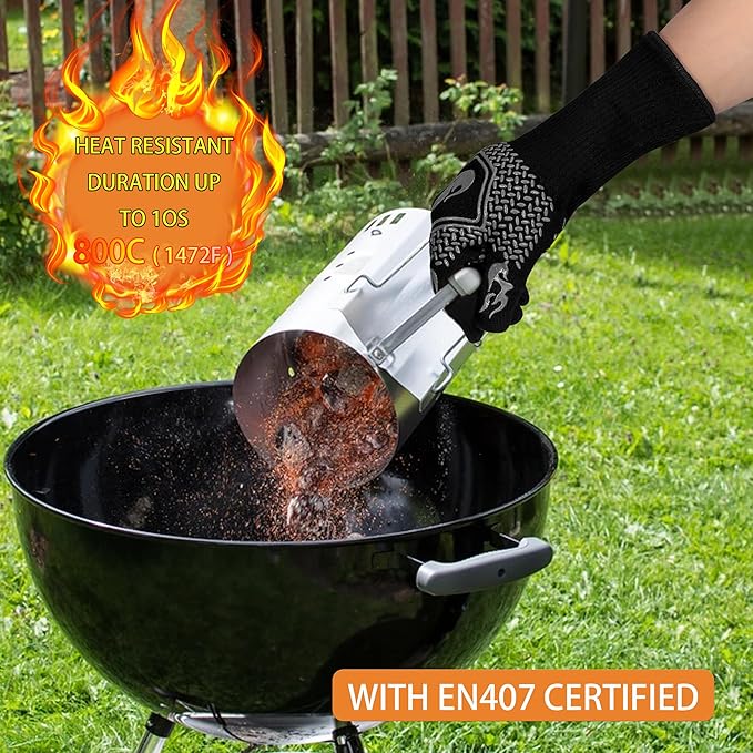 BBQ Fireproof Gloves, Grill Cut-Resistant Gloves 1472°F Heat Resistant Gloves, Non-Slip Silicone Oven Gloves, Kitchen Safe Cooking Gloves for Oven Mitts,Barbecue,Cooking, Frying,13.5 Inch-Grey