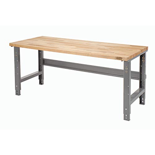 Global Industrial Adjustable Height Workbench, Maple Butcher Block Square Edge, 72"W x 30"D x 29-5/8 to 37-1/4"H, Gray