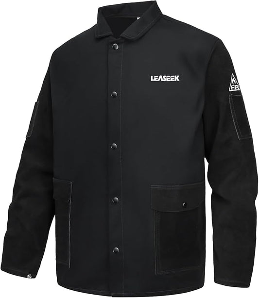 LeaSeek Welding Jacket Leather Sleeves | Flame Resistant (FR) Cotton Weld Coat | Welder Jacket for Men Women | Black, S-4XL