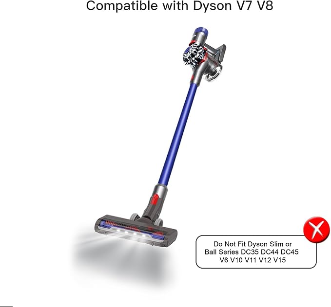 Updated Motorized Nozzle with Headlights for Dyson V7 V8 Vacuum Cleaners, Motorhead Brush Attachment for HardWood Floor or Carpet Cleaning,Replacement Soft Roller Head for Dyson V7 Series