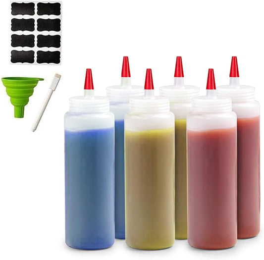 6-Pack Condiment Squeeze Bottles for Sauces - Includes Funnel, Erasable Marker & Reusable Labels, Perfect for Salad Dressings, Liquids, and Ketchup, Durable Plastic 16 oz Bottles