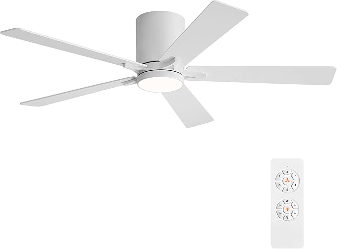 WINGBO 52" DC Flush Mount Ceiling Fan with Lights, 6-Speed Reversible DC Motor, 3CCT, Low Profile Hugger Ceiling Fan for Living Room Bedroom Kitchen, White Finish and White/Oak Blades