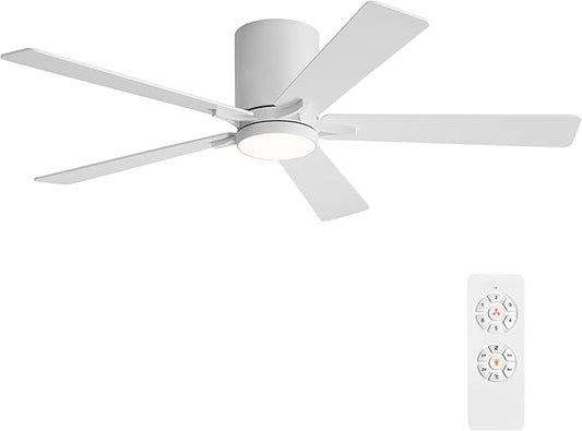 WINGBO 52" DC Flush Mount Ceiling Fan with Lights, 6-Speed Reversible DC Motor, 3CCT, Low Profile Hugger Ceiling Fan for Living Room Bedroom Kitchen, White Finish and White/Oak Blades