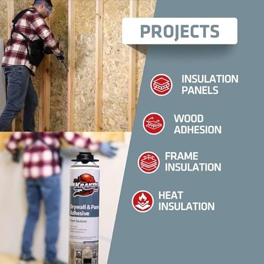 KRAKEN BOND Drywall & Panel Adhesive Foam - (1x24oz) Heavy-Duty, Fast-Curing Construction Adhesive for Concrete, Wood, and Heat Insulation Applications - Gun&Gun Cleaner Set