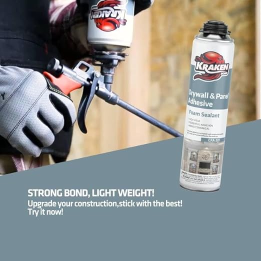 KRAKEN BOND Drywall & Panel Adhesive Foam - (1x24oz) Heavy-Duty, Fast-Curing Construction Adhesive for Concrete, Wood, and Heat Insulation Applications - Gun&Gun Cleaner Set