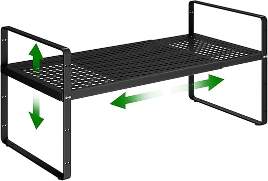Expandable Kitchen Cabinet Shelf Organizer Rack Heavy Duty Metal Spice Rack Stackable Kitchen Counter Storage Shelf for Kitchen Cabinet Pantry Bathroom (Black - 16.5"-27" L x 8" W x 9.6" H - 1Pack)