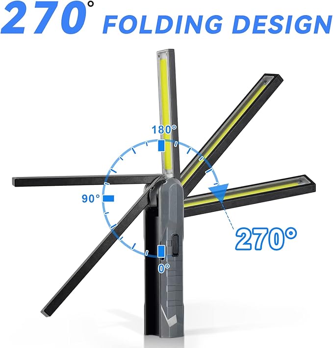 Durapower Rechargeable LED Mechanic Work Light Foldable Magnetic Flashlight Automotive Work Light, Hook, 270º Rotate, Power Indicator for Mechanic, Repair