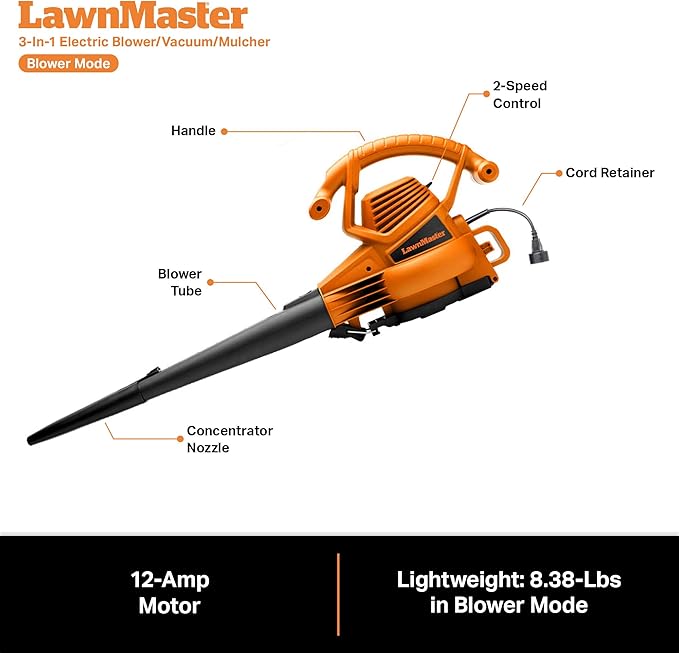 LawnMaster BV1210 Electric Blower Vacuum Mulcher 12 Amp 2-Speed Adjustment with Metal Impeller 240 MPH 380 CFM 16:1 Mulch Ratio with Collection Bag