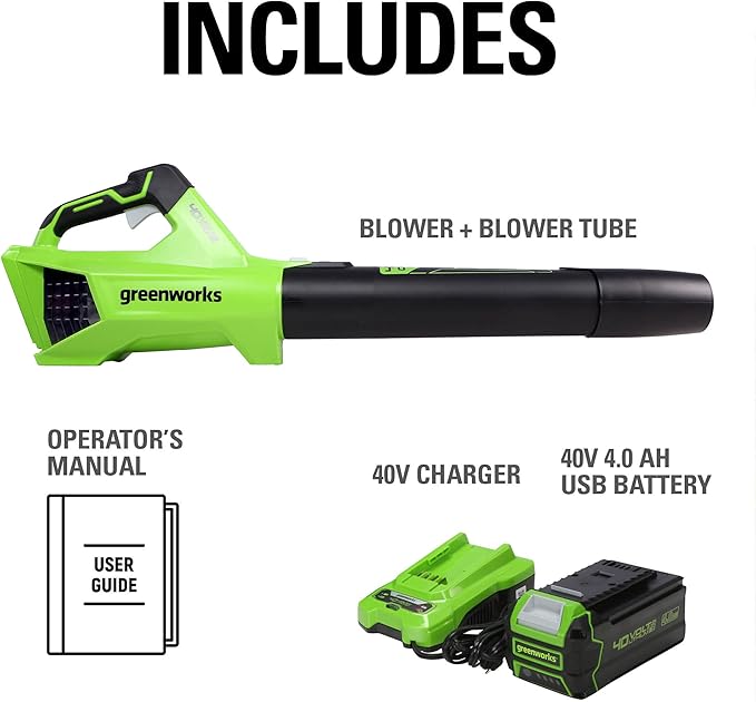Greenworks 40V (120 MPH / 450 CFM / 75+ Compatible Tools) Cordless Axial Leaf Blower, 4.0Ah Battery and Charger Included