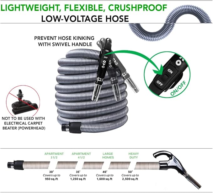 OVO Central Vacuum Deluxe, 35ft ON/OFF Low-voltage Hose, 12’’ premium floor brush, cleaning tools and easy storage accessories, For hard surfaces