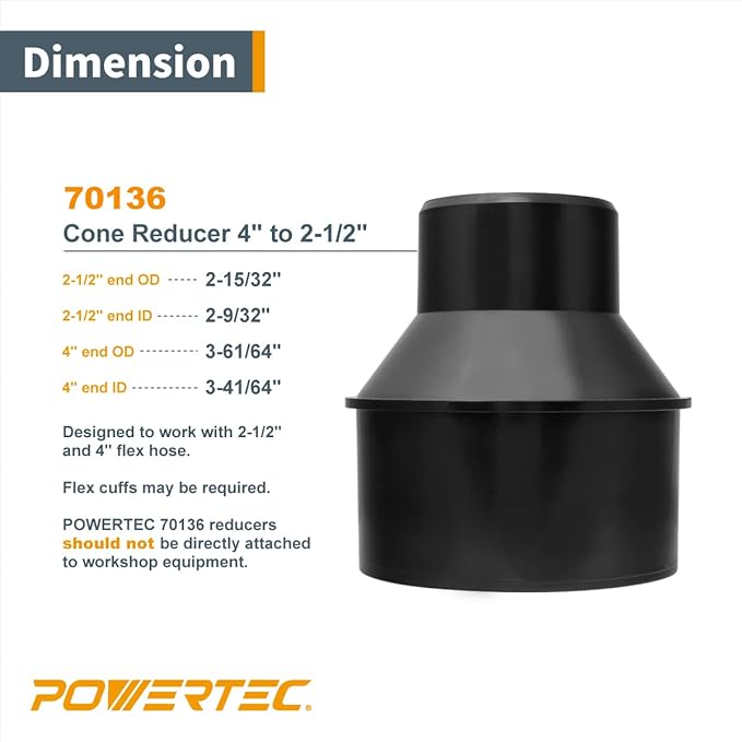 POWERTEC 70338-P2 4 Inch Hose to 2-1/2 Inch Hose Cone Reducer w/Stainless Steel Thumb Screw Hose Clamps, Dust Collection Fittings for Dust Collection Hose, Dryer Vent Hose & Shop Vacuum Hose