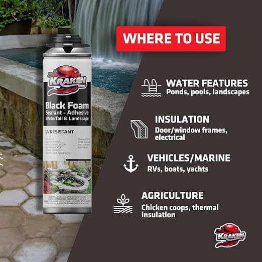 Kraken Bond Black Spray Waterfall Foam Sealant - (12x24oz) Expanding Polyurethane Pond Foam Sealer Black, UV Resistant Insulating Spray for Landscape & Exterior, Gun Not Included, 12 Pack