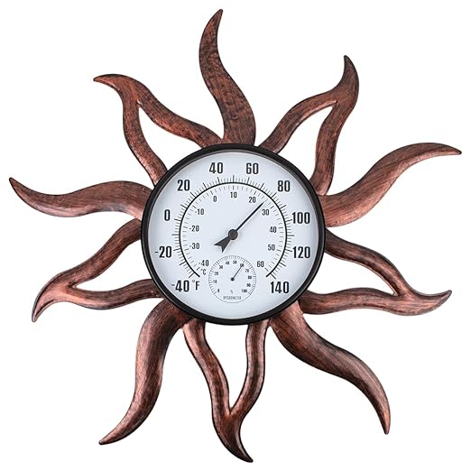 26'' Large Outdoor Thermometer, Premium Metal Sun Wall Thermometer Hygrometer No Need Battery, Decorative Indoor Outdoor Thermometer for Patio, Backyard, Garden, Living Room (Retro)