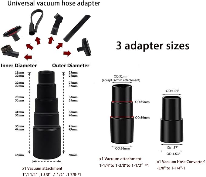 Universal Vacuum Attachments Kit -Shop Vac Attachments 2 1/2" 1 1/4" Vacuum Attachments Cleaners Accessories for Shop Vacuum Cleaner Attachments Brushes for Shop Vac Attachments Set of 11