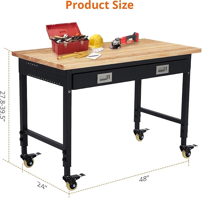 Work Bench 48" Adjustable Height, Heavy-Duty Portable Workbench with Power Outlets and Drawer for Garage & Workshop, 2000 LBS Load Capacity, Work Table for Office, Home, Easy Assembly
