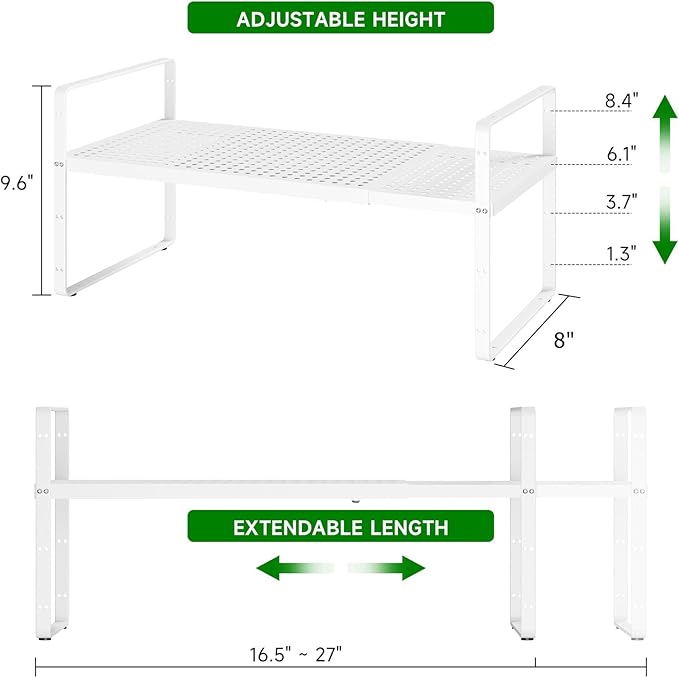Expandable Kitchen Cabinet Shelf Organizer Rack Heavy Duty Metal Spice Rack Stackable Kitchen Counter Storage Shelf for Cabinet Pantry Bathroom (White- 16.5"-27" L x 8" W x 9.6" H - 1Pack)