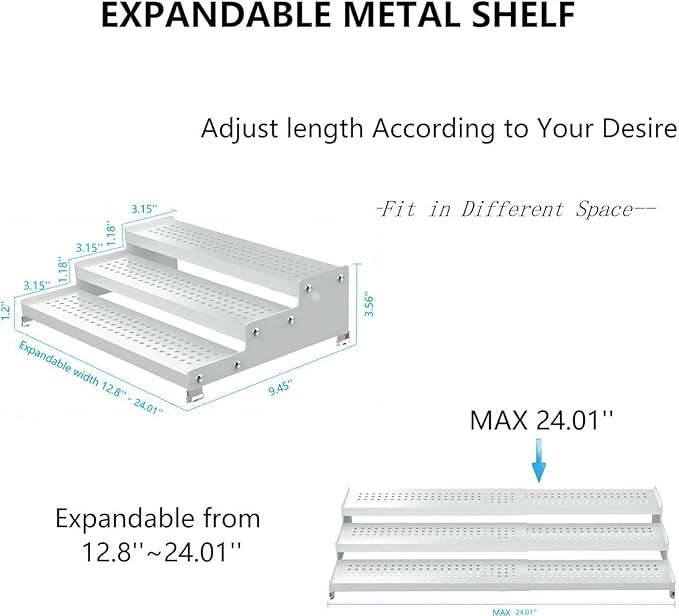 Expandable Spice Rack organizer with 3-Tier step shelf,Modern Design heavy duty,Non Skid and Visibility,Great for Kitchen Cabinet,Bathroom,dressing table,Cupboard, Pantry and more(1PACK/WHITE)